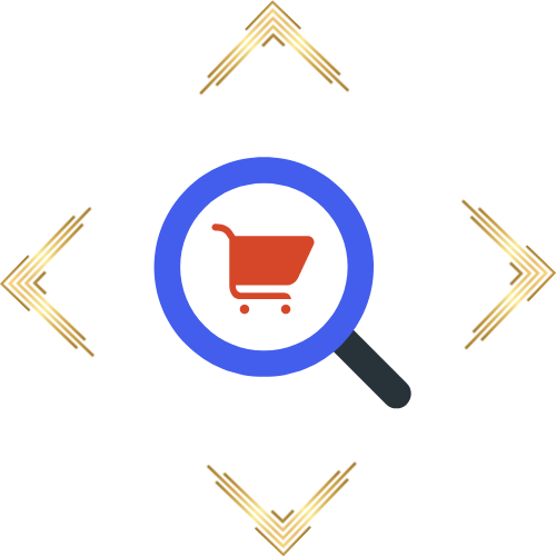 Gold boarder with magnifier looking at shopping trolly