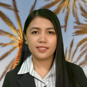 person photo of Alice from administrations in a dress shirt and black blazer with a sunset photo of palms in the back ground
